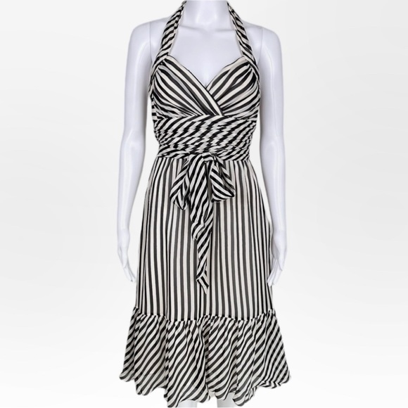 BCBGMaxAzria Dresses & Skirts - BCBGMAXAZRIA Silk Stripe Halter Bow Tie Front Sash Dress Size 2